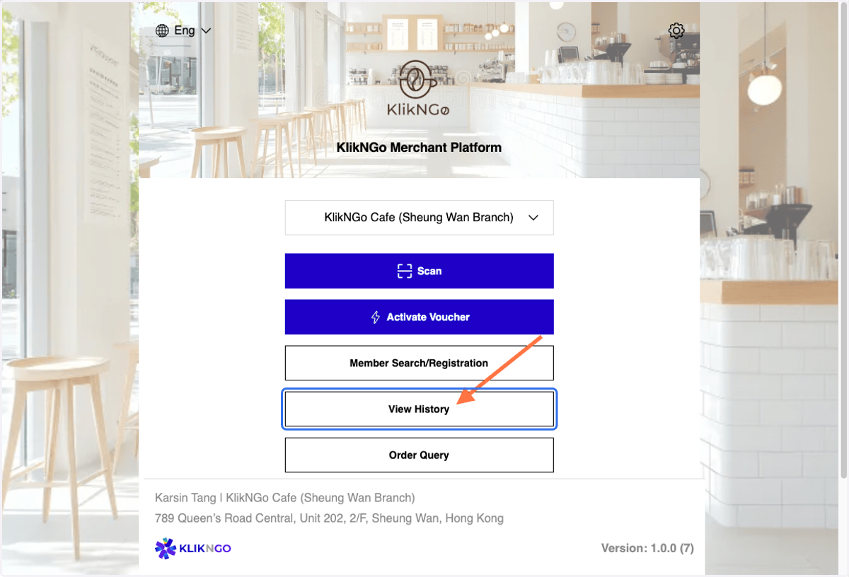 Login to KlikNGo Merchant Platform, Click on View History.