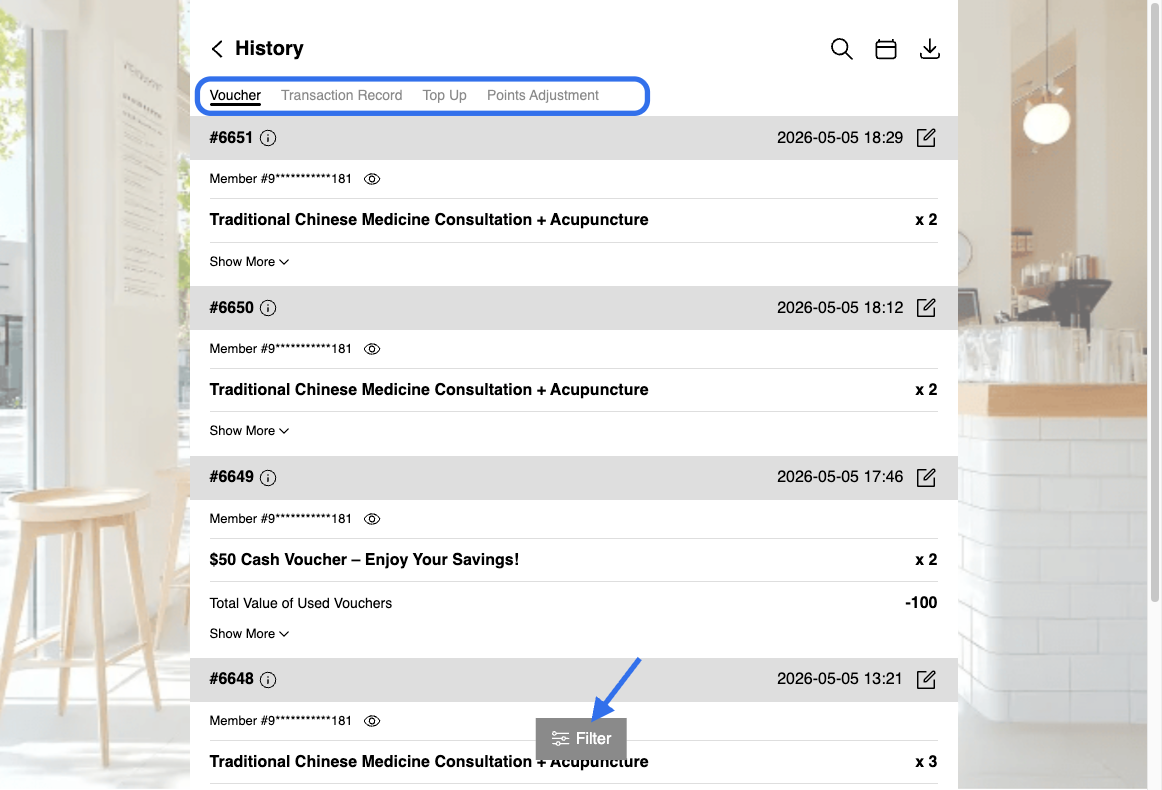 You can view member's voucher usage, transaction records, membership card top-up records, and point adjustment records.