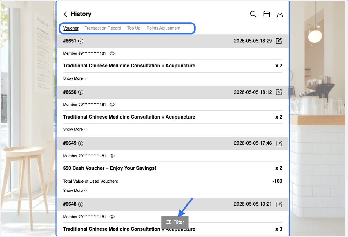 You can view member's voucher usage, transaction records, membership card top-up records, and point adjustment records.