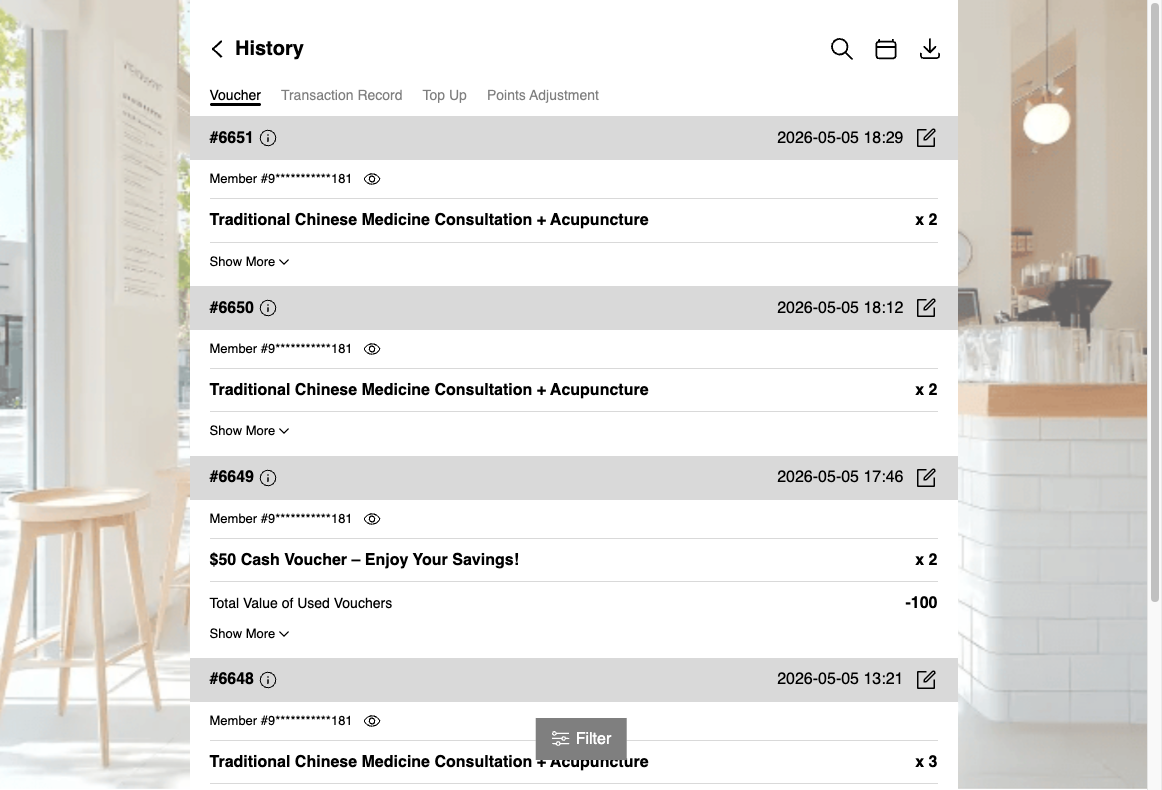 A. You can view member's voucher usage, transaction records, membership card top-up records, and point adjustment records. B. Filter Function- You can search by History ID or Member ID/ apply date filters