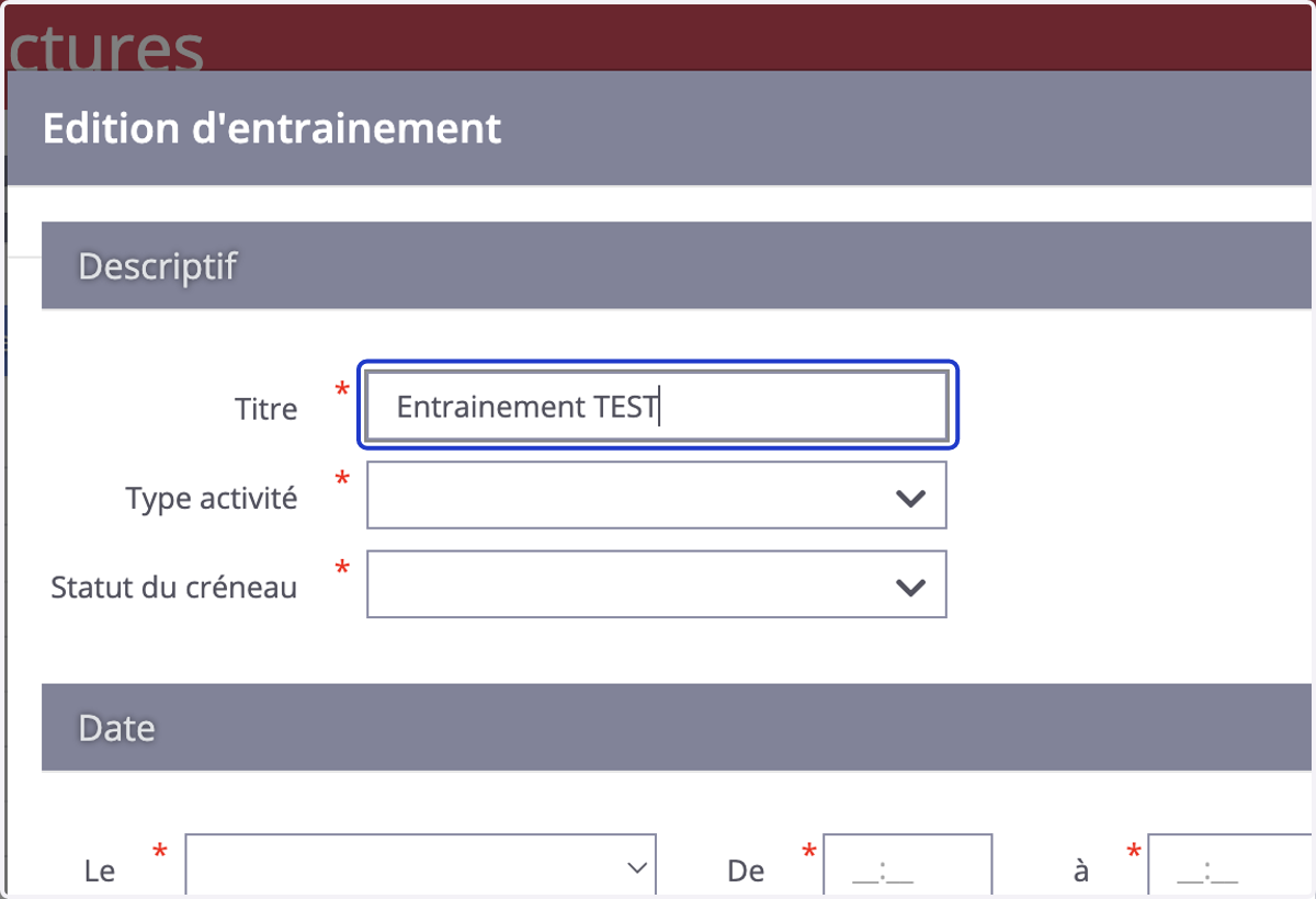 Remplissez les informations sur l'entrainement concerné