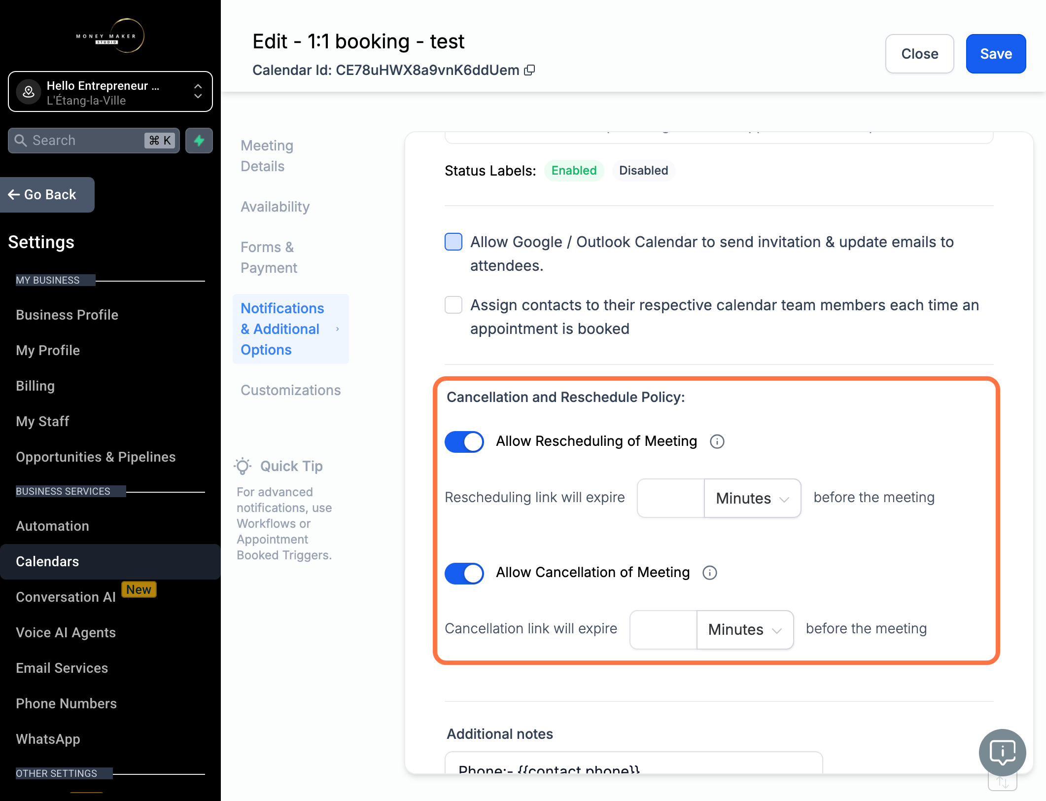 Sæt kryds i boksen "Allow Google / Outlook Calendar to send invitation & update emails to attendees" så dine kunder nemt bliver informeret omkring booking og eventuelle ændringer.