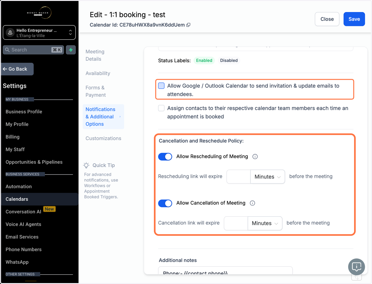 Sæt kryds i boksen "Allow Google / Outlook Calendar to send invitation & update emails to attendees" så dine kunder nemt bliver informeret omkring booking og eventuelle ændringer.
