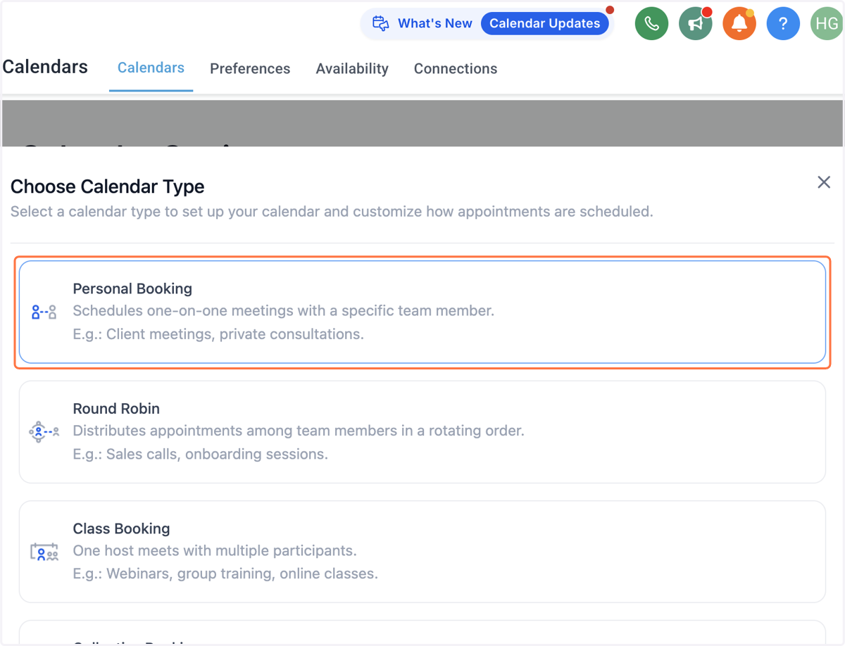 Vælg hvilken type kalender du ønsker at oprette fx for 1:1 sessioner vælg "Personal Booking"