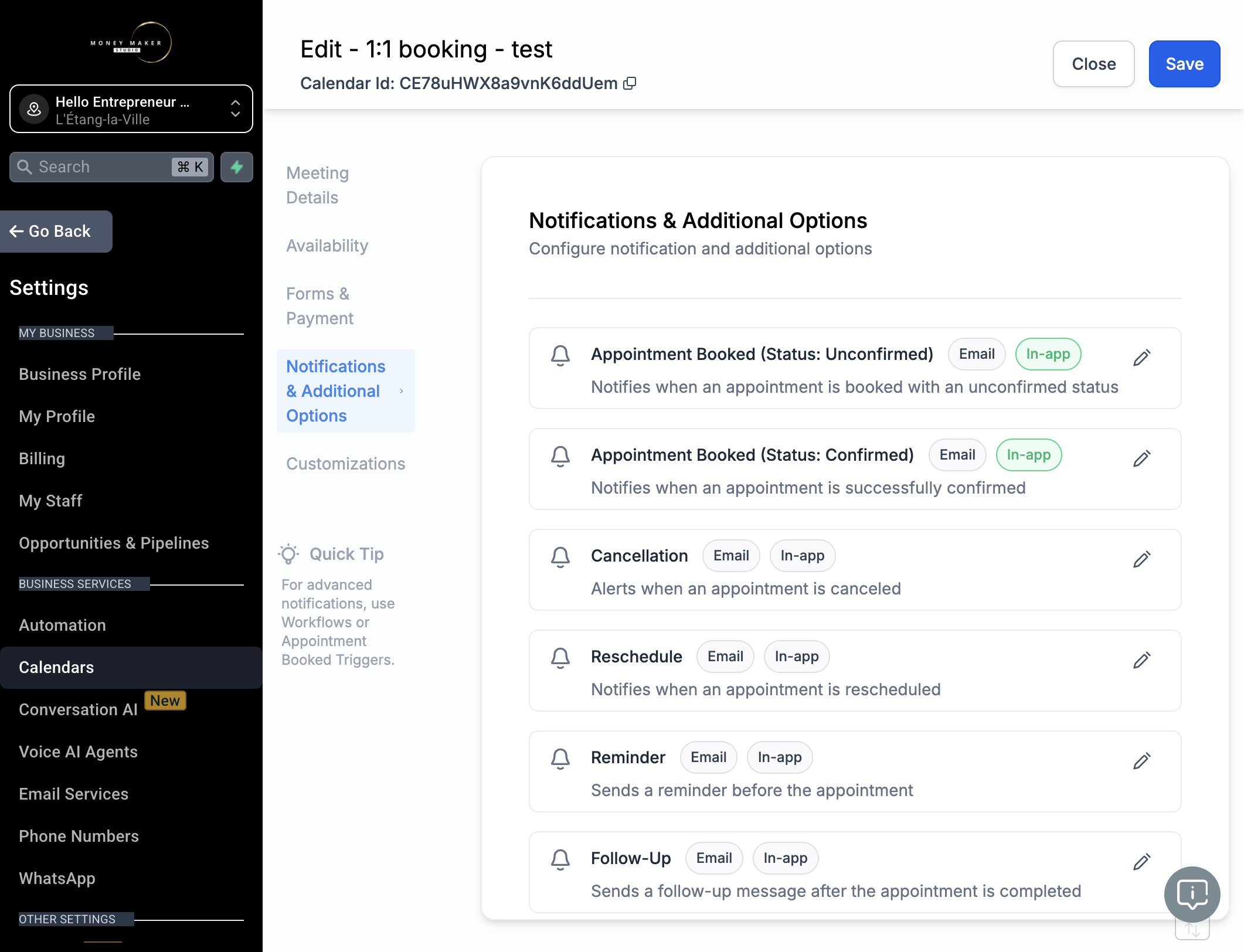 Definer hvilke nofitikationer du og kunden skal modtage under menuen "Notifications & Additional Options". Klik på blyanten ud for hvert emne og juster og indsæt egne tekster.