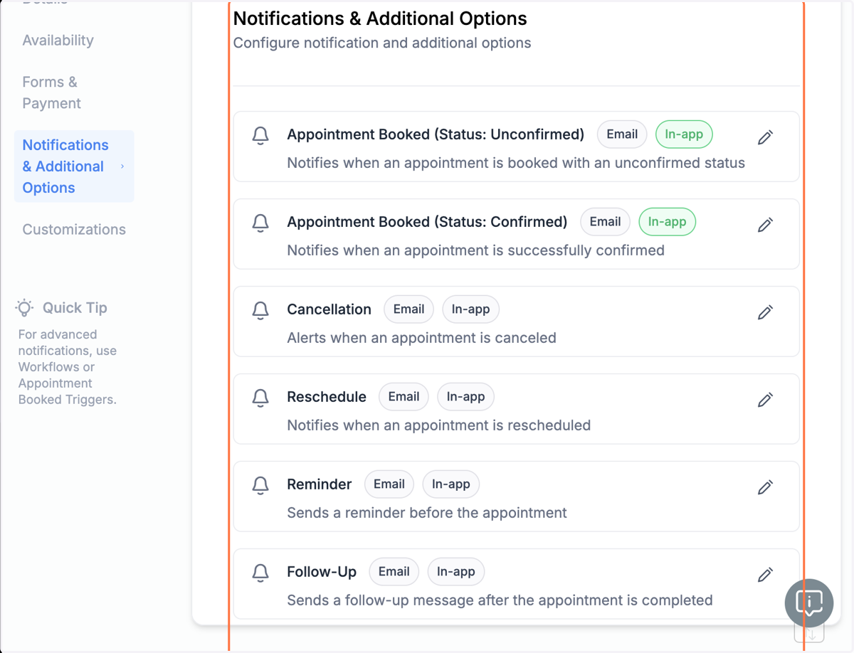Definer hvilke nofitikationer du og kunden skal modtage under menuen "Notifications & Additional Options". Klik på blyanten ud for hvert emne og juster og indsæt egne tekster.