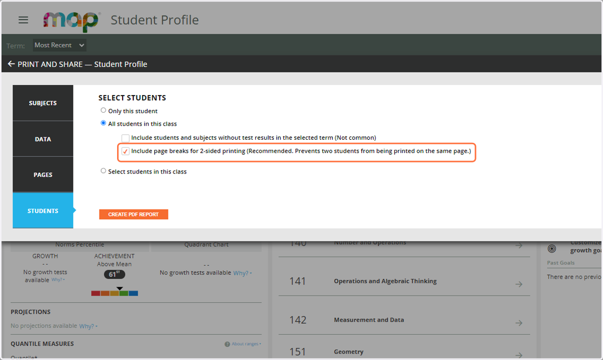 Check Include page breaks for 2-sided printing (Recommended. Prevents two students from being printed on the same page.) then Click on CREATE PDF REPORT