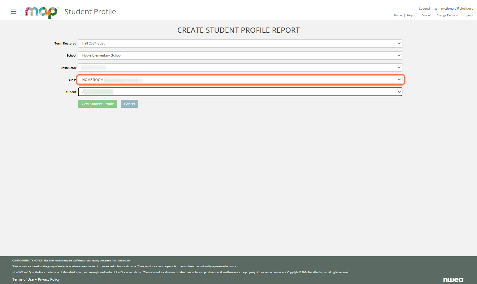 Select a class and a single student then click on View Student Profile