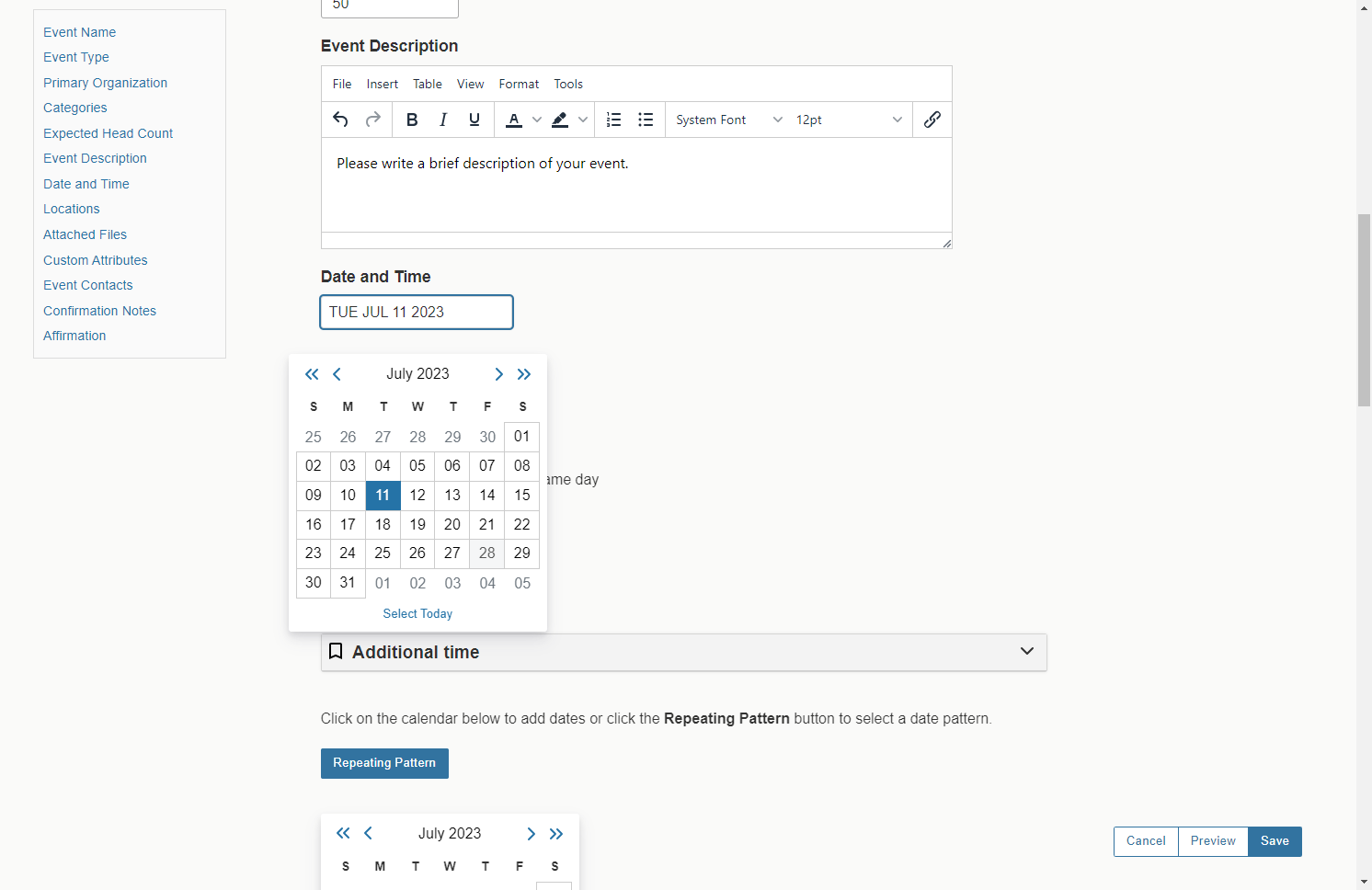 Use the calendar feature to select a date for your event.