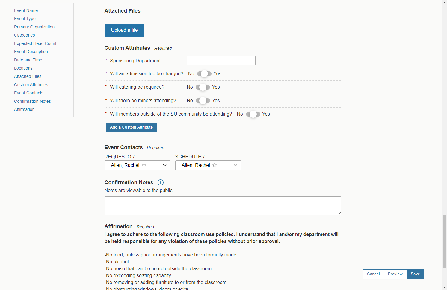If you have any relevant documents related to your event reservation, attach them using the Upload a File button.
