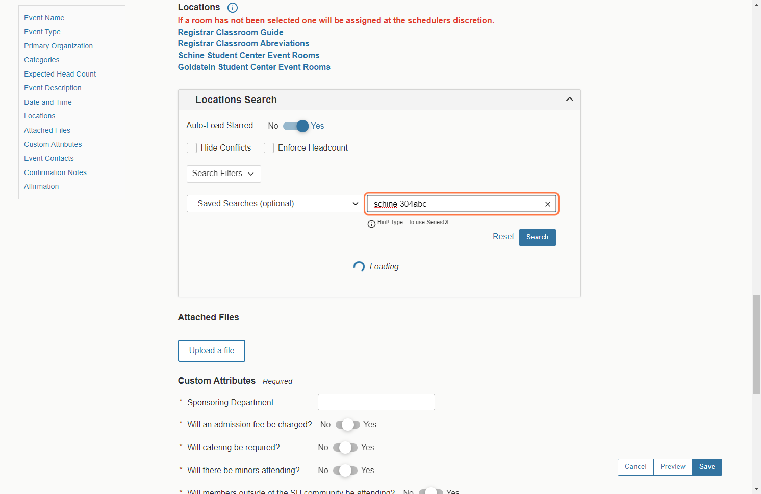 In the search bar, begin searching for locations for your event. Note: Type :: to view suggested locations.