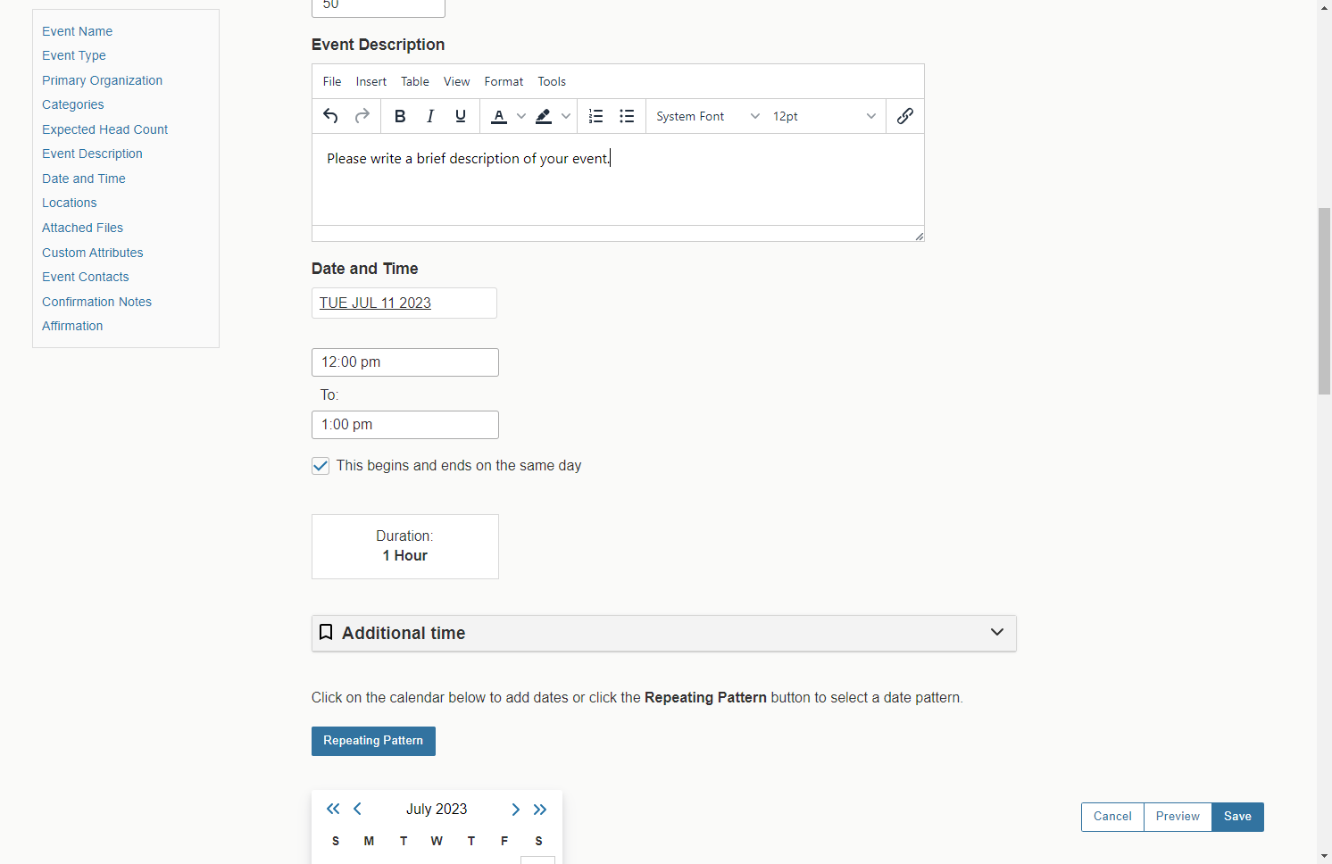 Write a brief description of your event under Event Description, then click on the Date and Time field to select a date for your event.