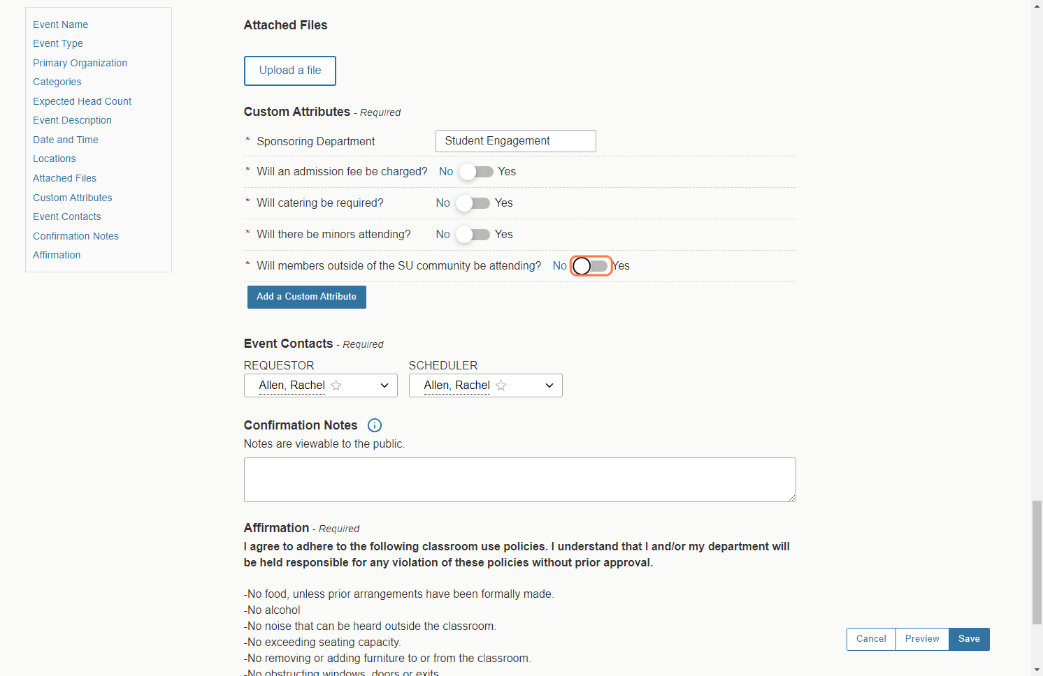 Use the toggles to answer the Custom Attributes questions about your event.