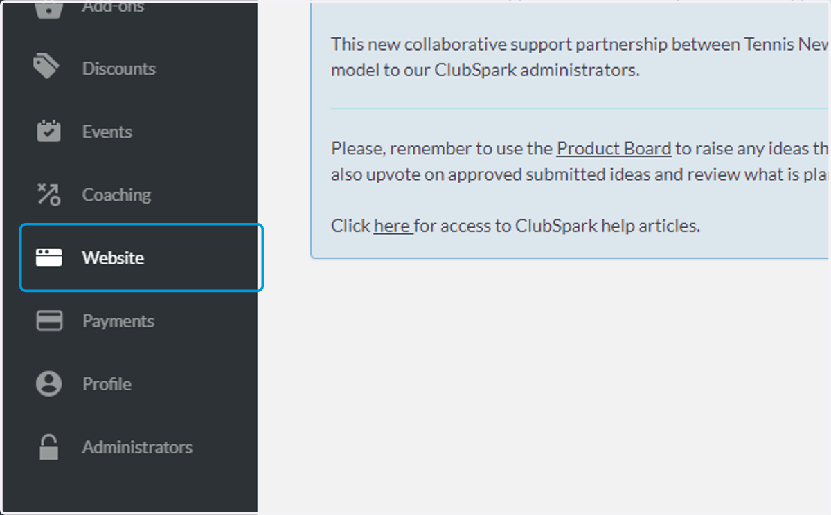 On the admin dashboard click Website