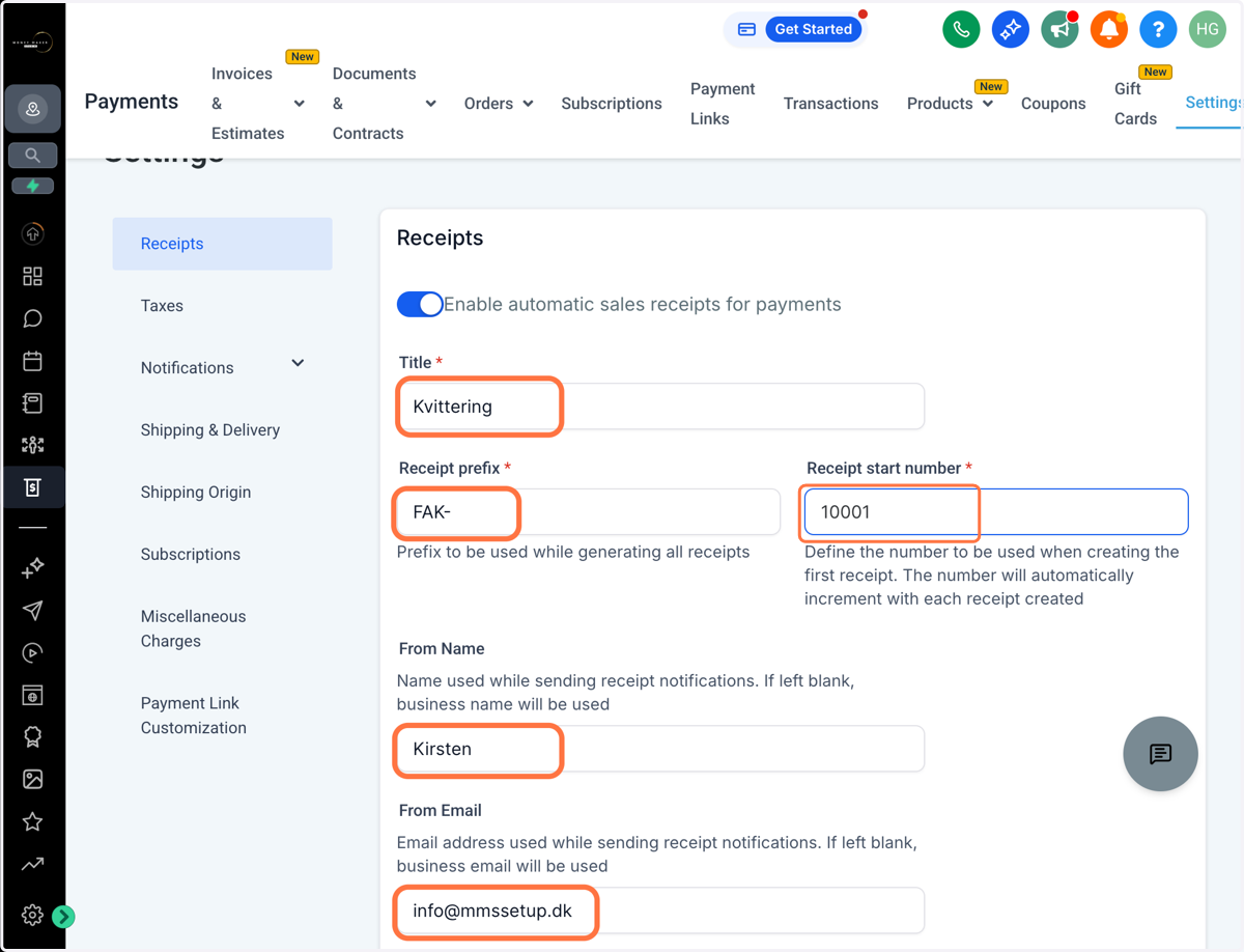 Udfyld felterne Title, Receipt prefix, Receipt start number, From Name og From Email