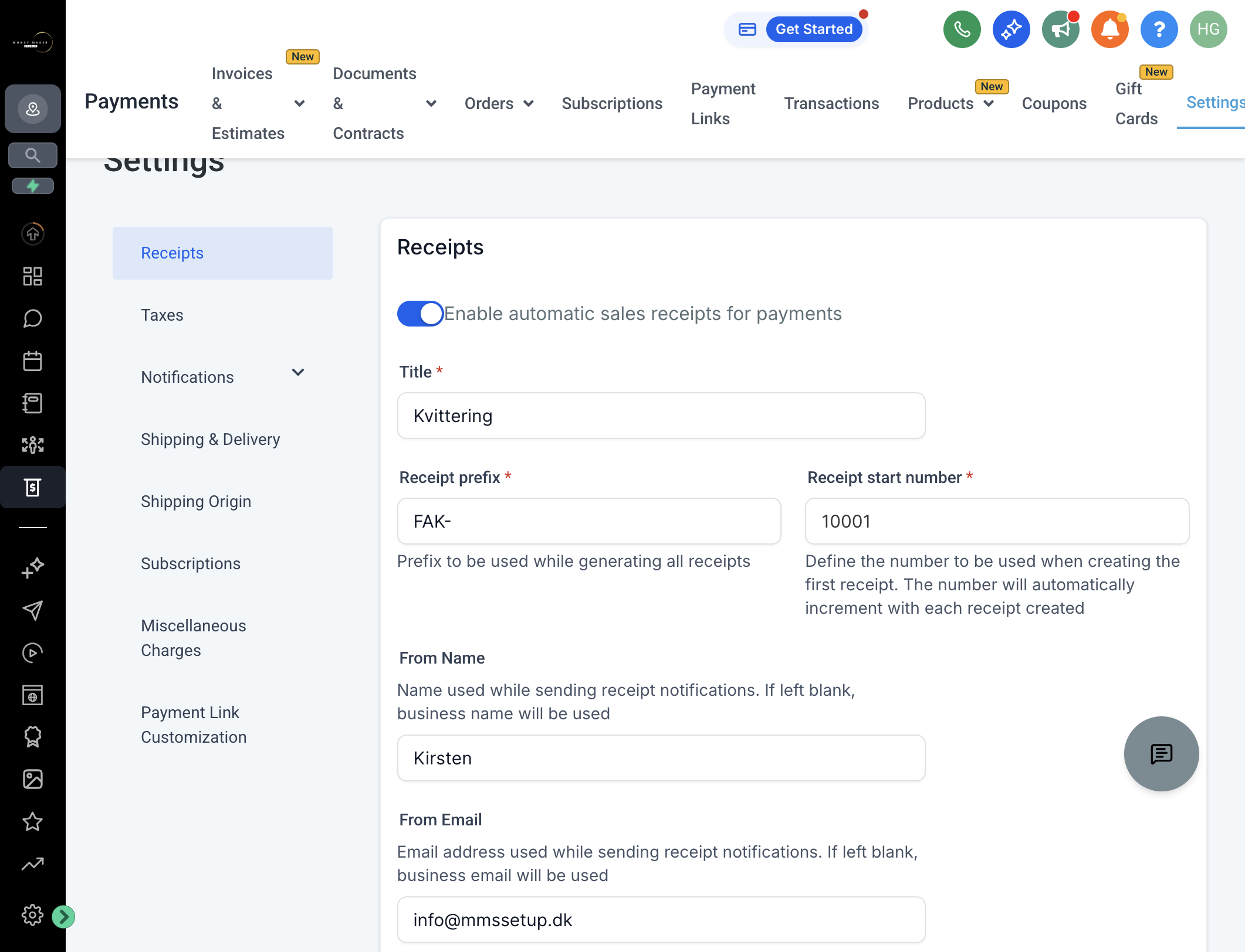 Aktiver "Enable automatic sales receipts for payments"