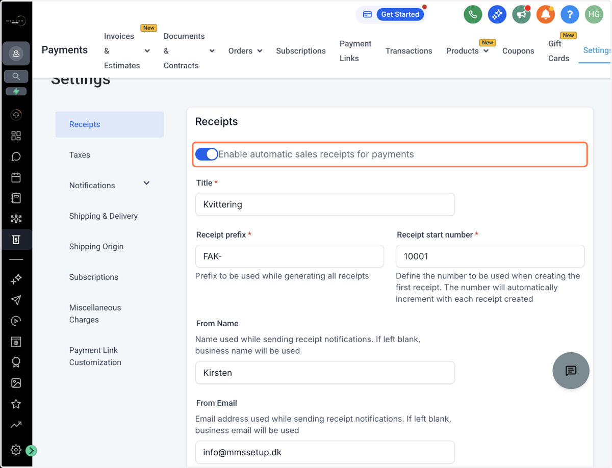 Aktiver "Enable automatic sales receipts for payments"