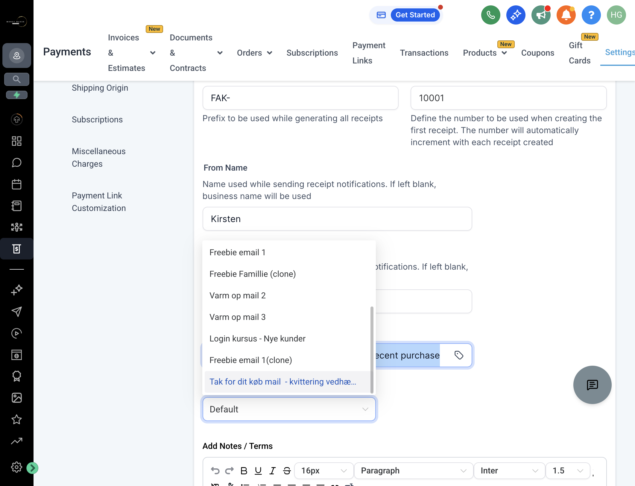 Klik på feltet "Email Template" og vælg din skabelon for købskvittering