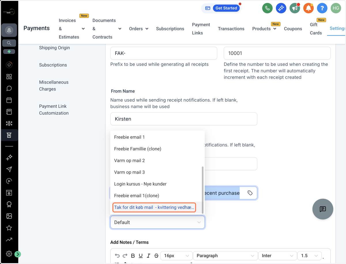 Klik på feltet "Email Template" og vælg din skabelon for købskvittering