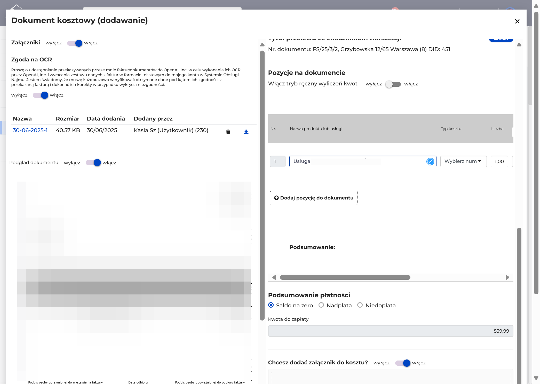 Numer dokumentu, daty wystawienia/sprzedaży/płatności oraz pozycje zaczytają się automatycznie