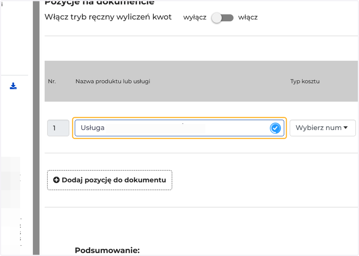 Numer dokumentu, daty wystawienia/sprzedaży/płatności oraz pozycje zaczytają się automatycznie