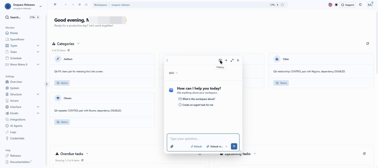 Hover over each button to see its name. The first is History, which gathers the previous conversations.