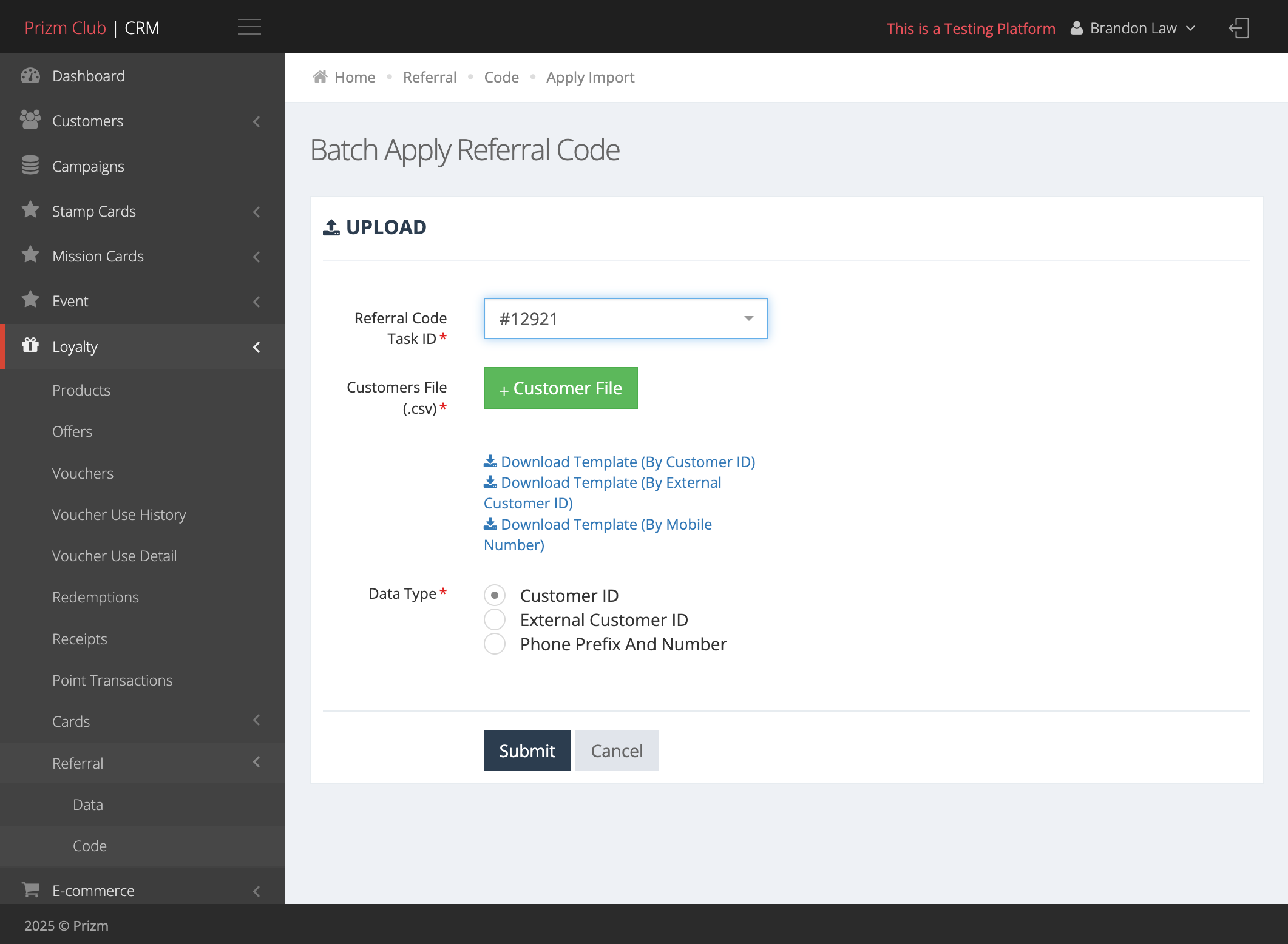 Upload the Customer File in CSV
