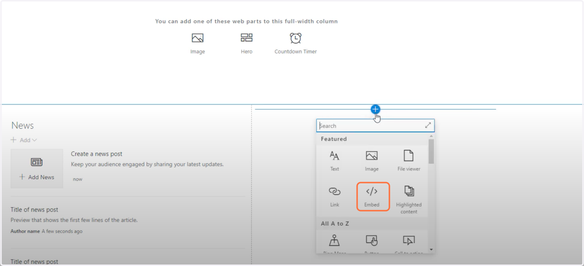 Click the "+" and select Embed