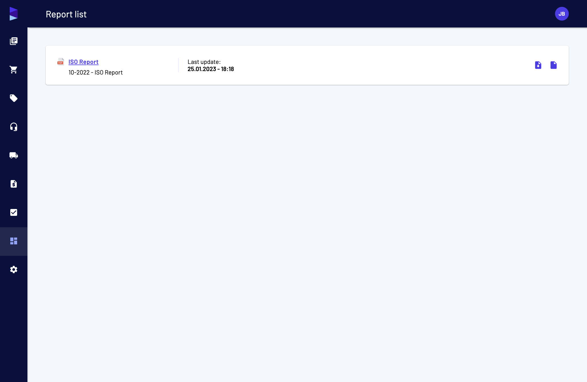 Go to "Reports" menu and access the "Report list" page. You will see all the reports that are available for you