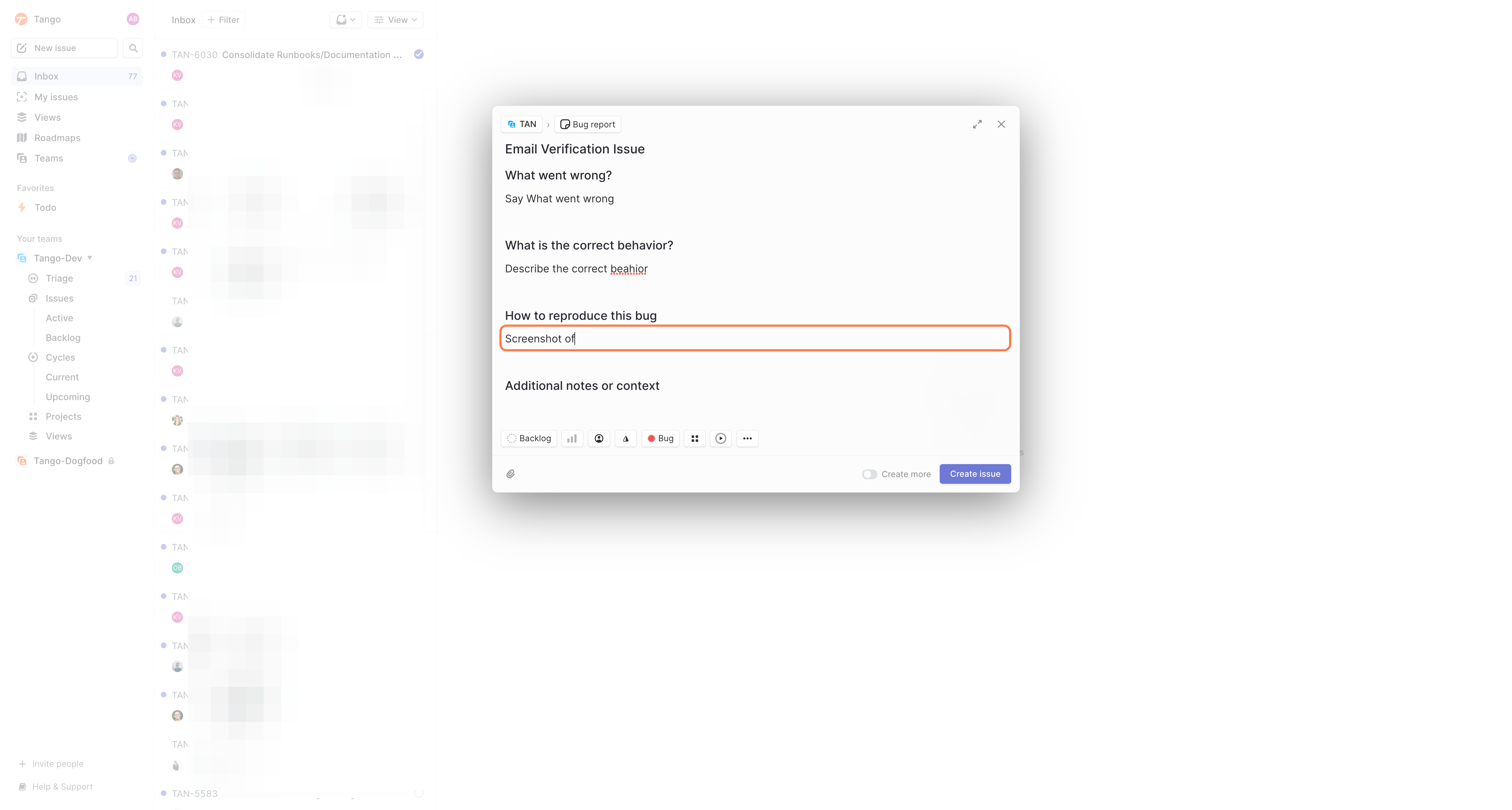 In the "How to reproduce this bug" section, you can add a screenshot, or, capture a Tango and link it!