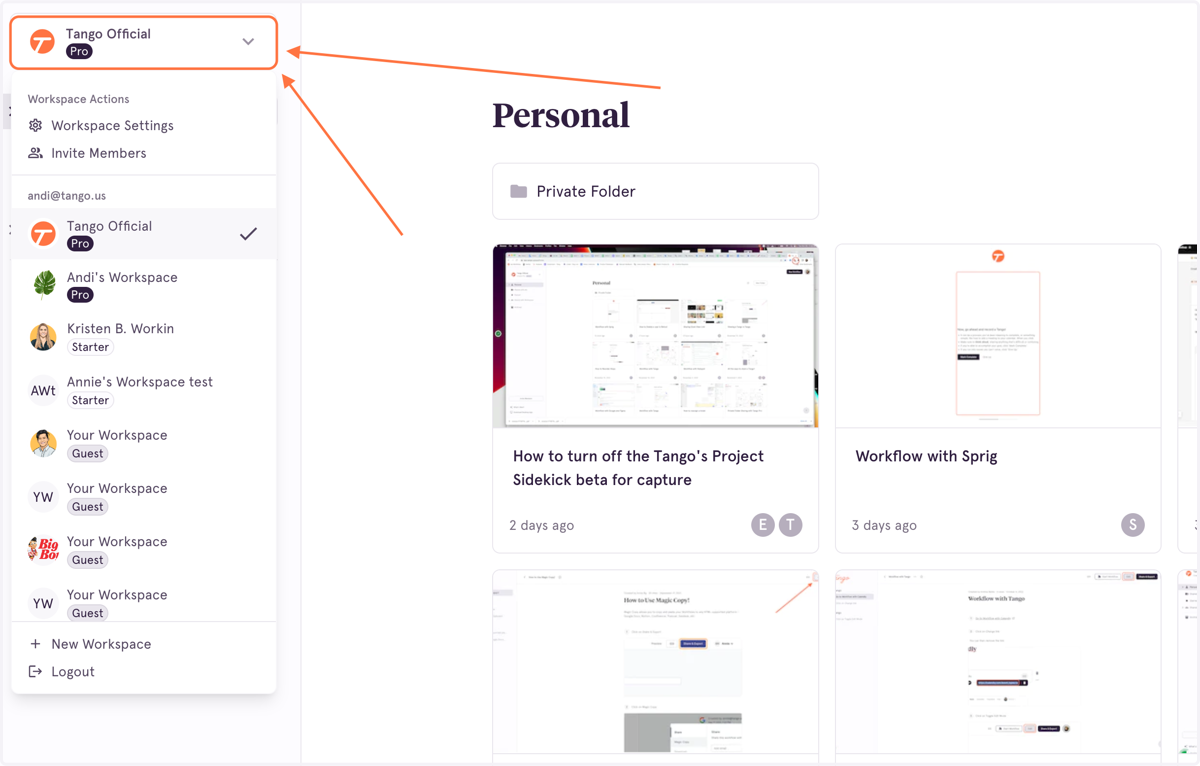 Click on your Workspace name in the top left corner to trigger a dropdown menu.