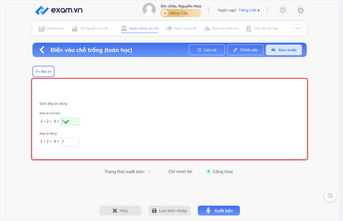 Màn hình sẽ hiện lên kết quả chấm điểm tự động