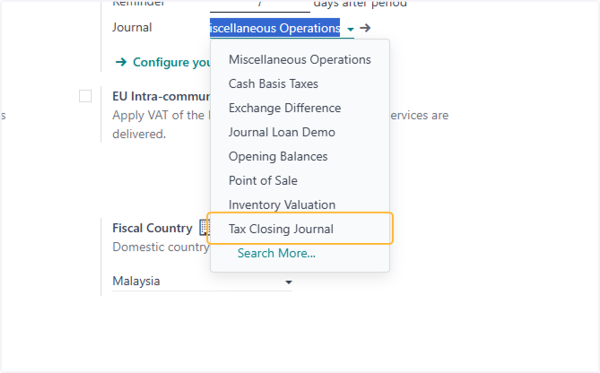 Select the Journal for which the closing of Tax report will be posted.