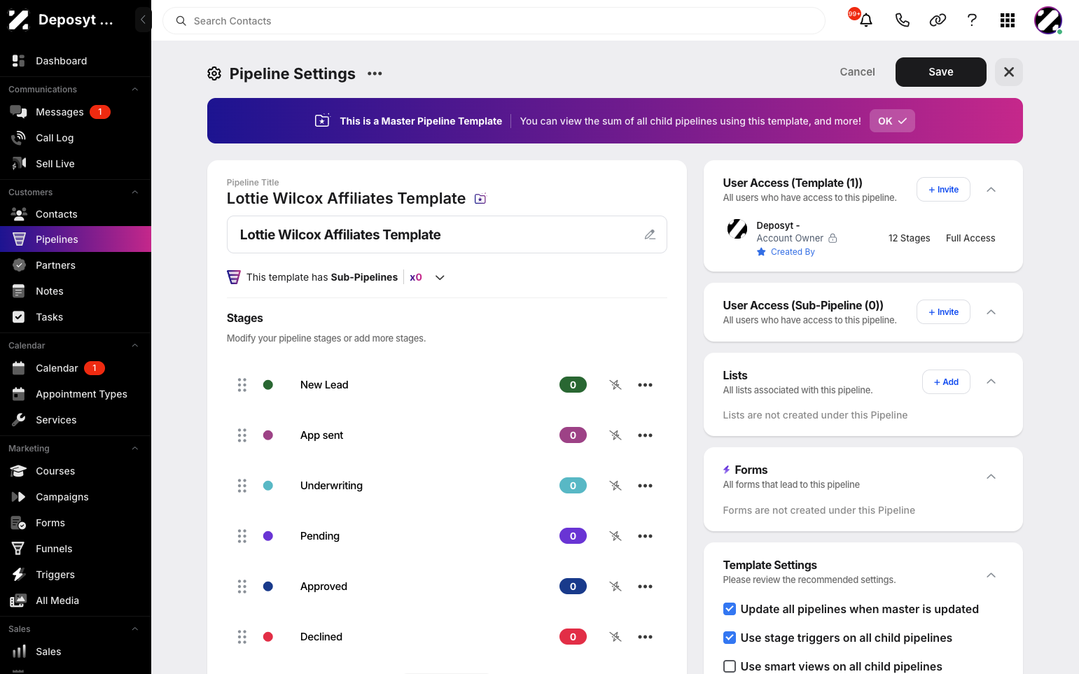 Step 4: The pipeline settings will be displayed. From here, you can edit the title, modify the stages and their triggers, manage user access for the template and sub-pipelines, update the lists and forms associated with the pipeline, and adjust the template settings.