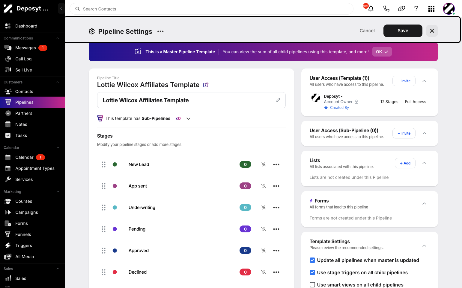 Step 4: The pipeline settings will be displayed. From here, you can edit the title, modify the stages and their triggers, manage user access for the template and sub-pipelines, update the lists and forms associated with the pipeline, and adjust the template settings.