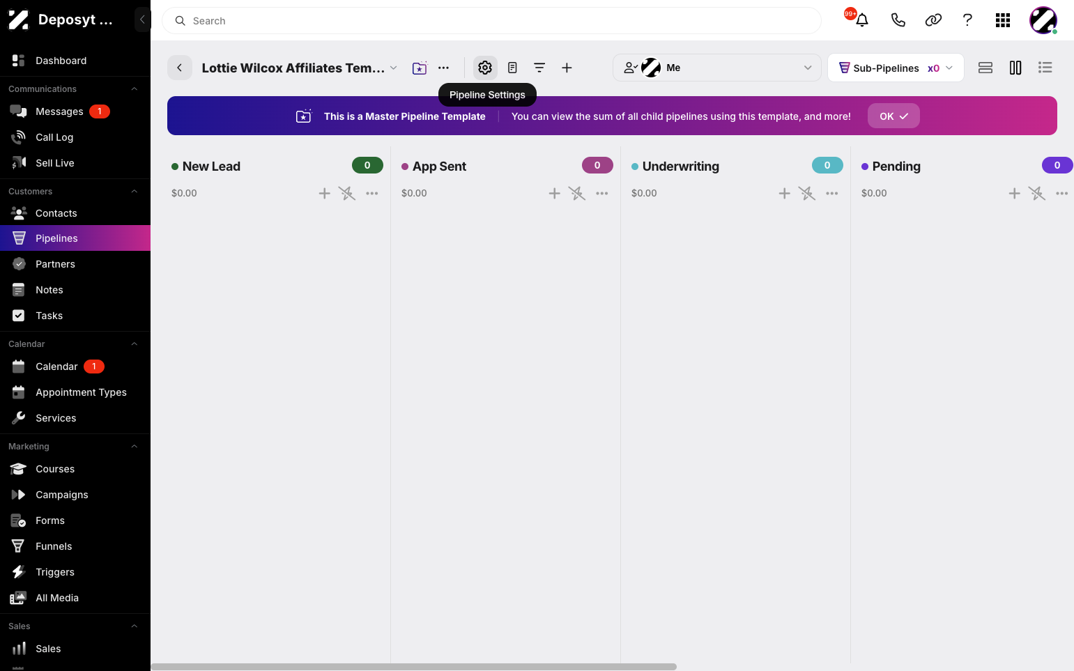 Step 3: In all views (Horizontal, Card, and List View), you can access the pipeline settings by clicking the Pipeline Settings button next to the three-dot menu.