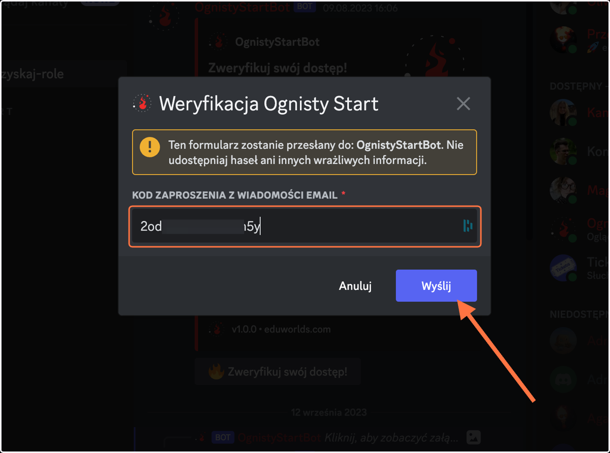 Wpisz kod, który otrzymałeś w mailu po wypełnieniu ankiety. Następnie kliknij "Wyślij".