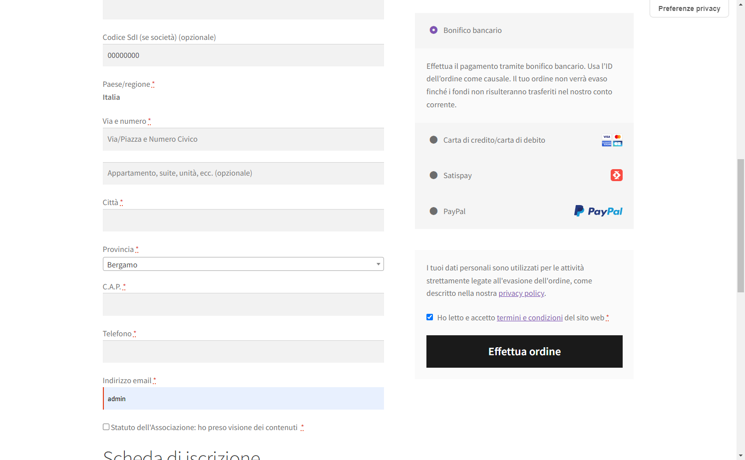 Click on Effettua ordine