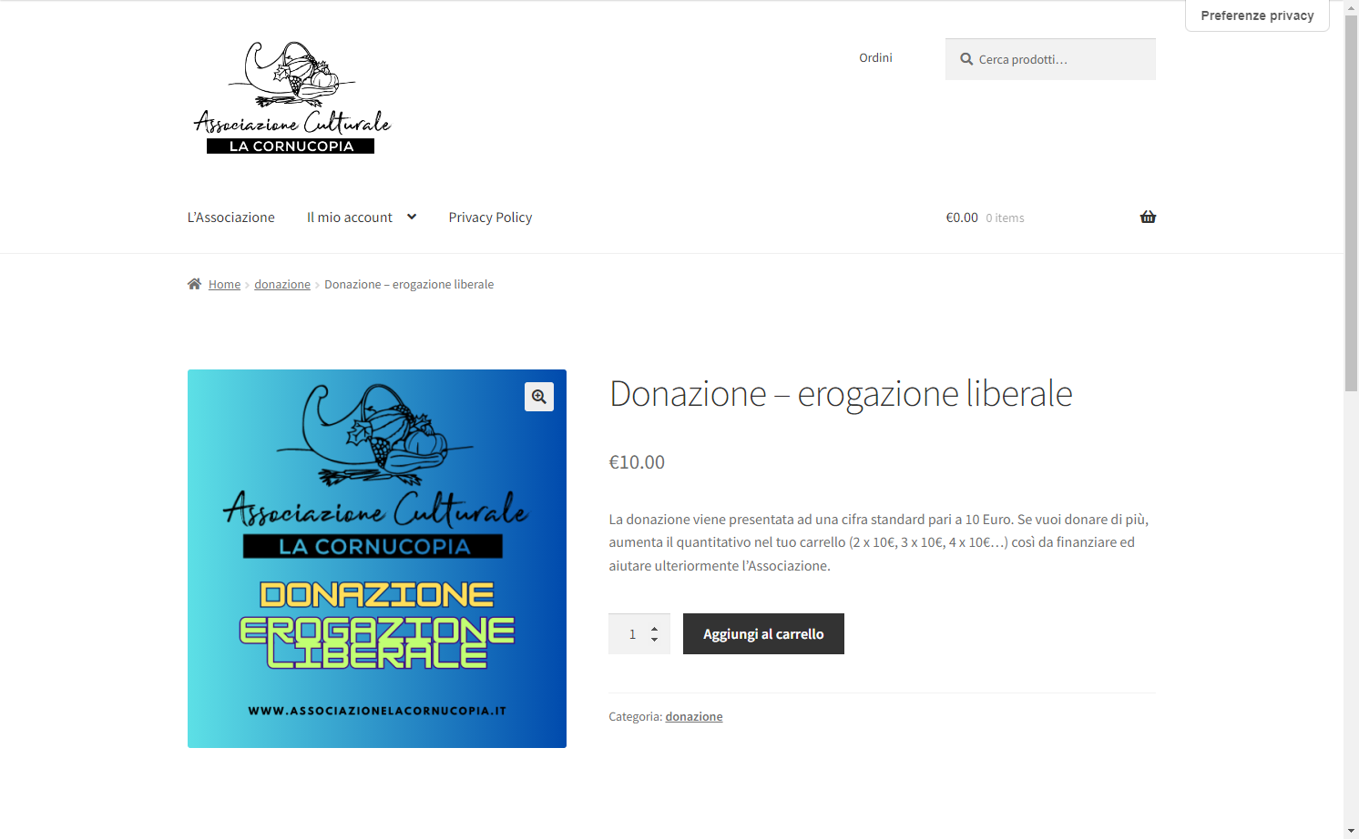 Click su "Donazione - erogazione liberale quantità"