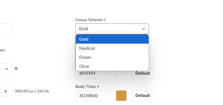 Colour Scheme: For each template chosen above, the system will provide 4 color sets to choose and apply to your website. When choosing a set of colors, all the component colors on that template will change accordingly.