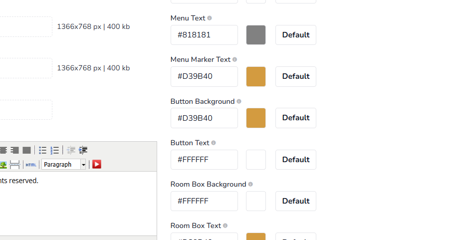Menu Text: The top menu text color applies to the main website text menu.