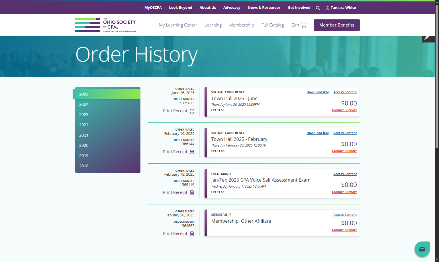 Find the Membership Order and Click on Print Receipt