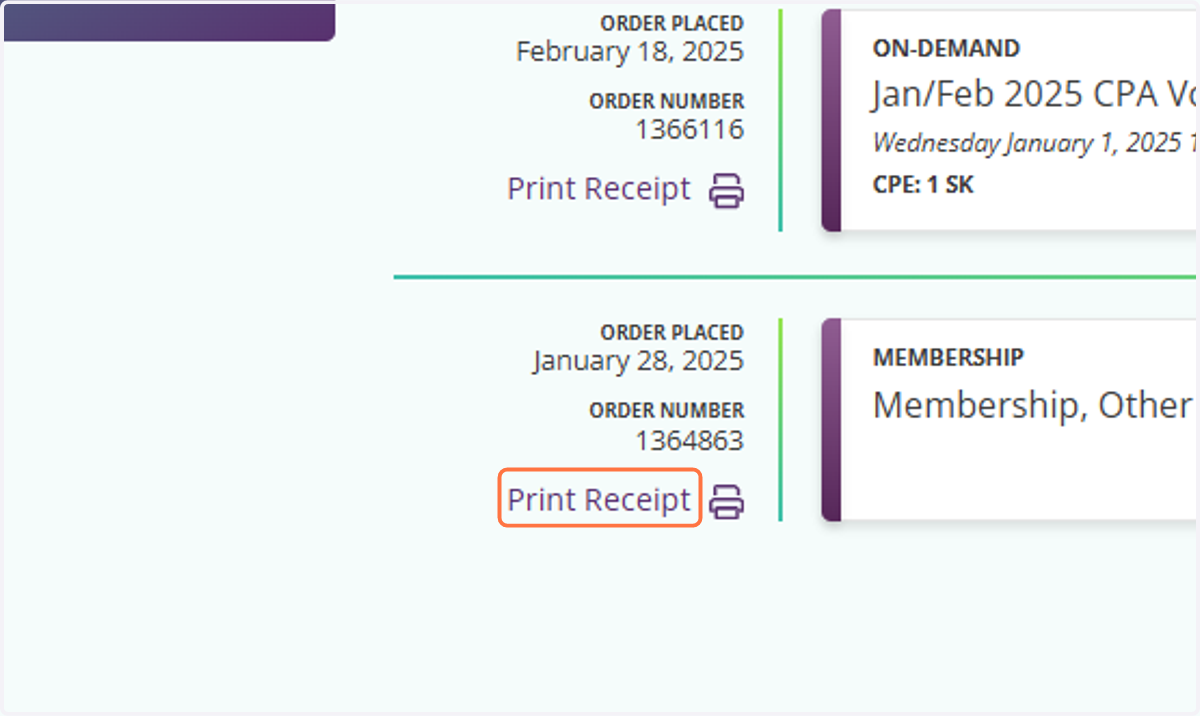 Find the Membership Order and Click on Print Receipt