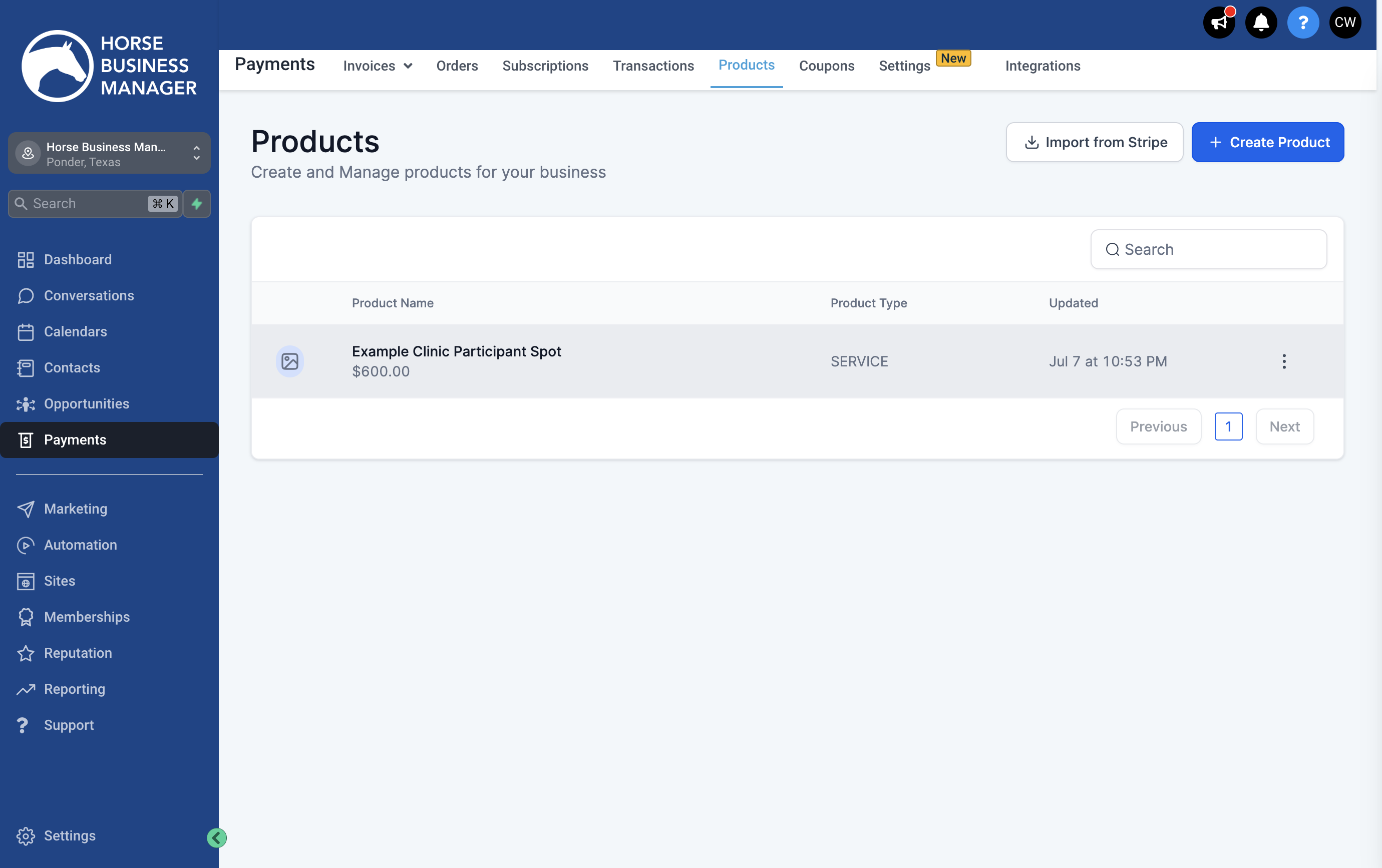 Your existing products will be listed here. If needed, click the Create Product button and create the new product or Import it from Stripe
