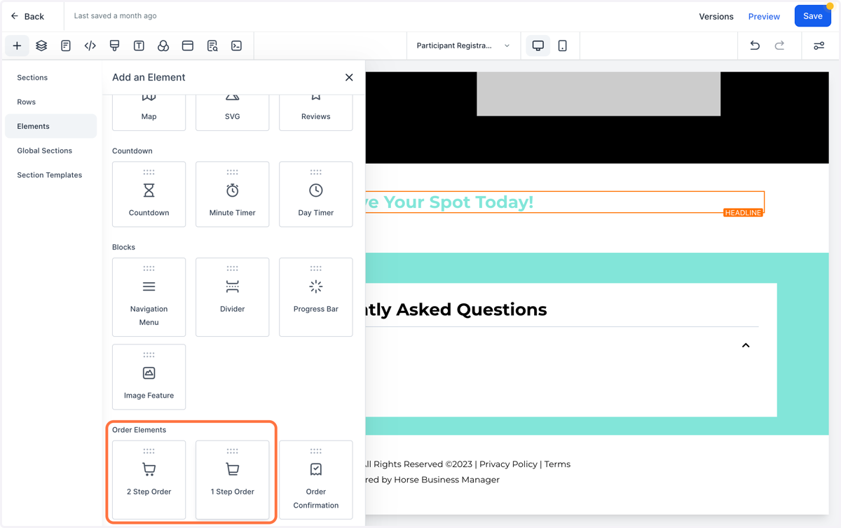 Locate the 2 Step and 1 Step Order Form Elements