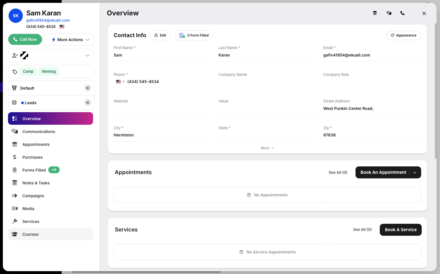 Step 3: The Customer Modal will appear. Click the Courses tab, located under the Services tab.