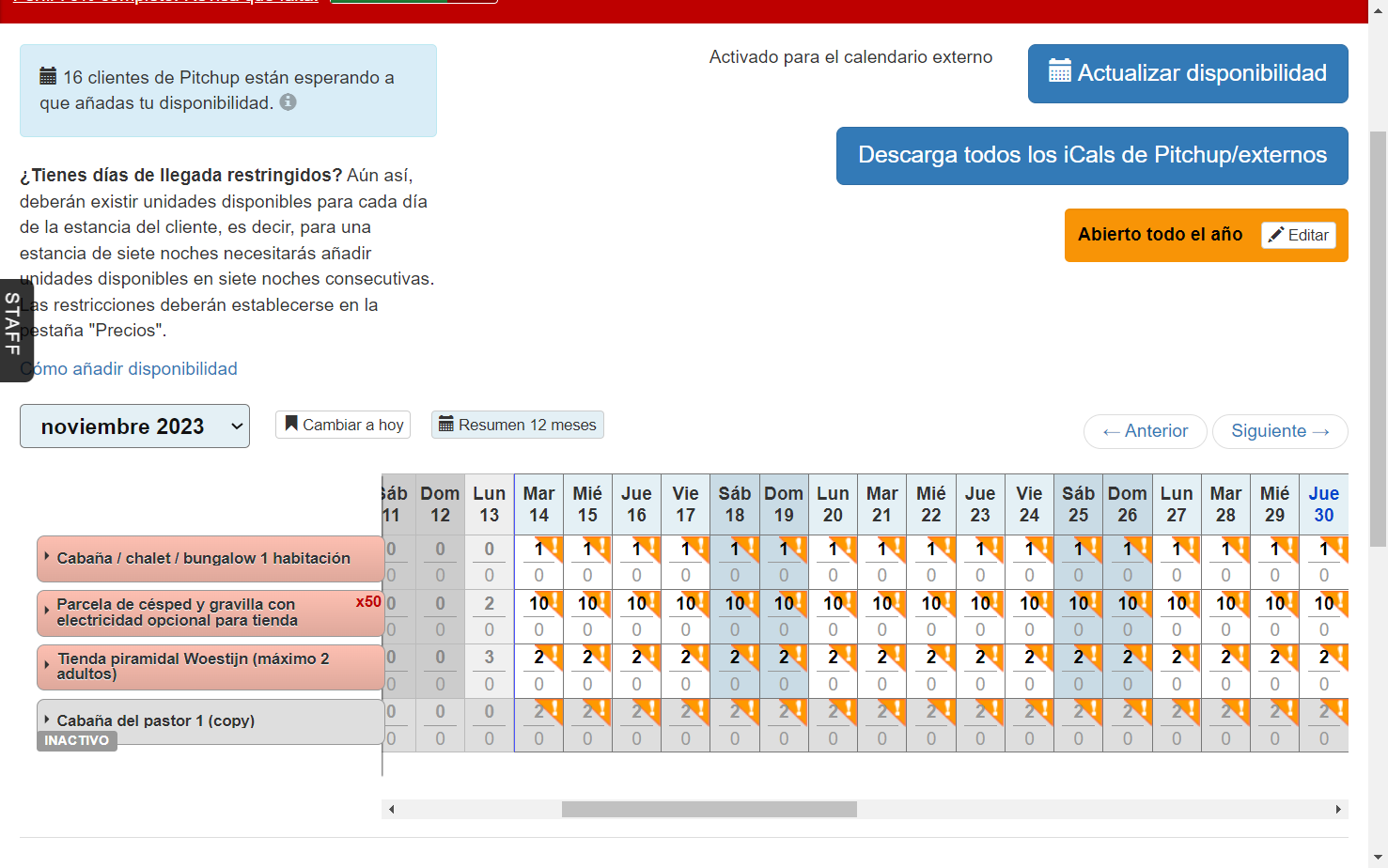 Haz clic en el tipo de unidad a la que deseas añadir un enlace iCal.