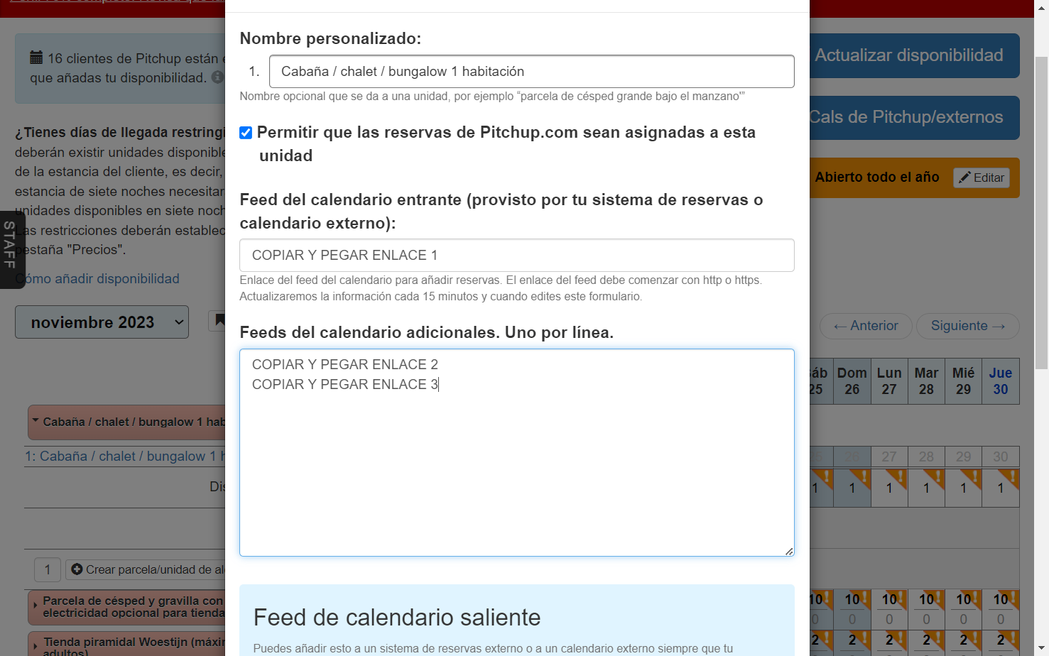 Si quieres añadir más de un enlace iCal, copia y pega los enlaces en la casilla «Feeds del calendario adicionales», asegurándote de que solo haya un enlace por línea.