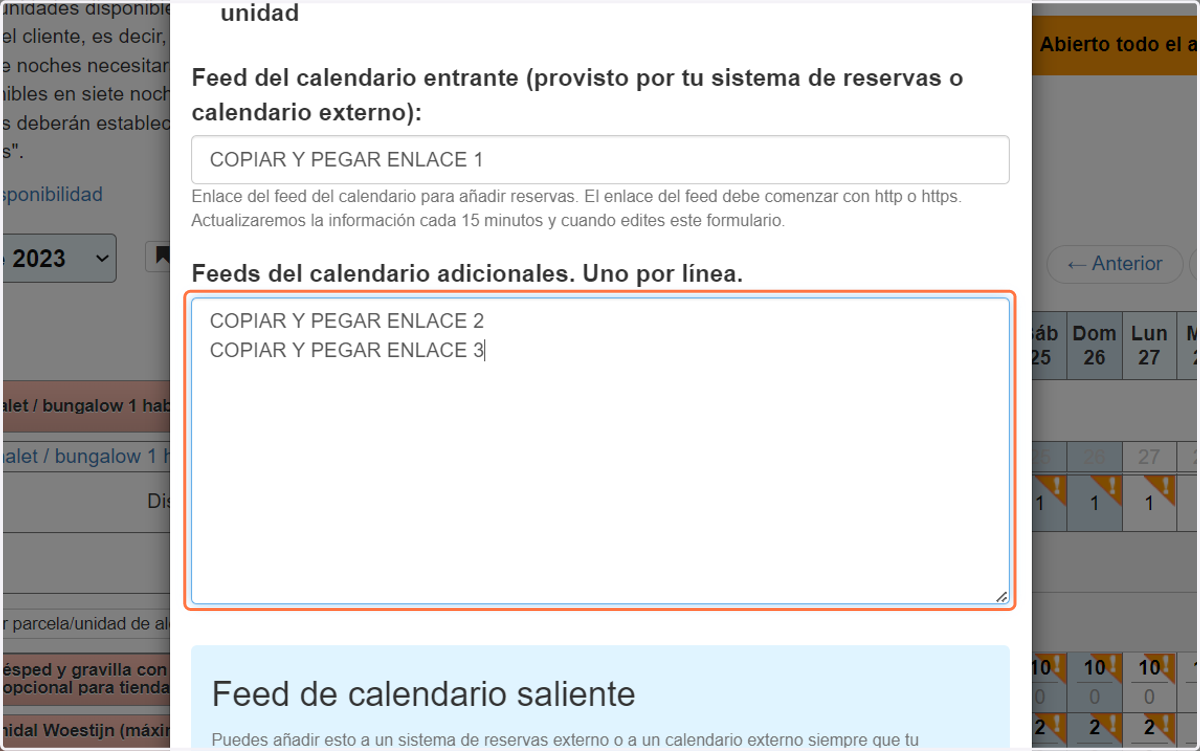 Si quieres añadir más de un enlace iCal, copia y pega los enlaces en la casilla «Feeds del calendario adicionales», asegurándote de que solo haya un enlace por línea.