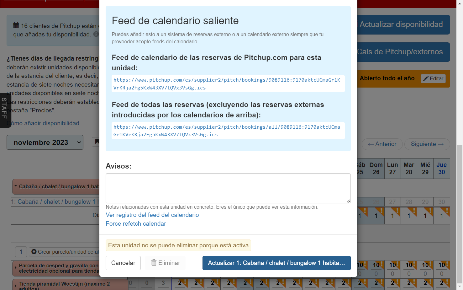 Haz clic en el botón «Actualizar». Se empezarán a recopilar tus iCals y a mostrar las reservas externas en gris en la tabla de disponibilidad.